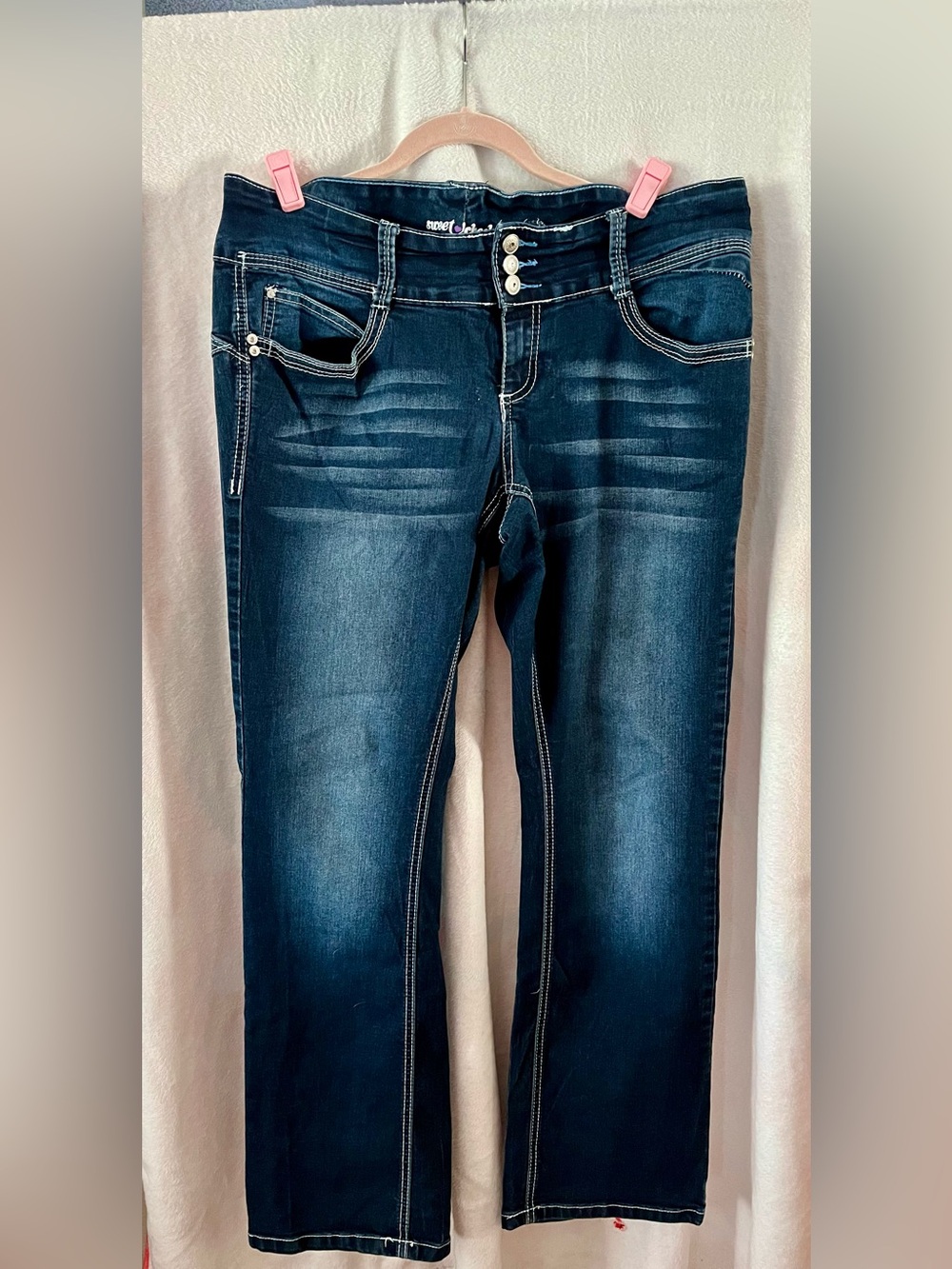 Dark Blue Women's Stretch Jeans with Triple Button Waist